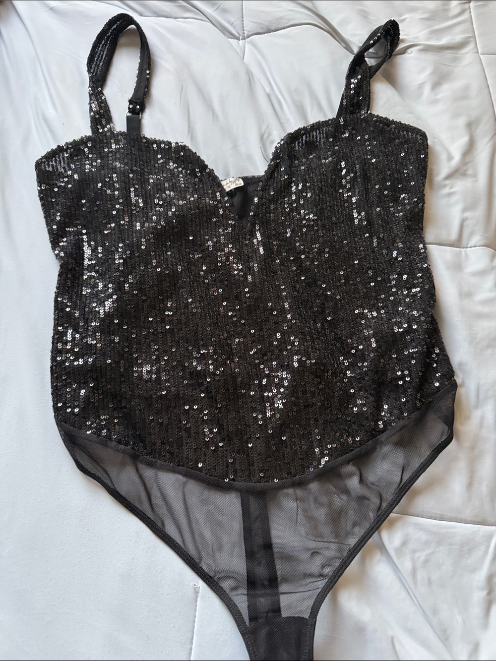 Free People Black Sequin Bodysuit with Mesh Bottom